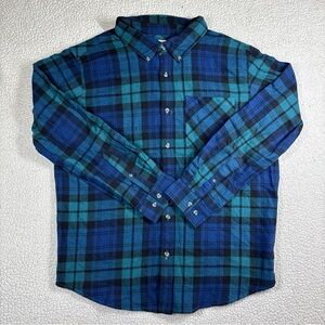Magellan Classic Fit Mens Large Long Sleeve Button Down Blue/Black Plaid Flannel